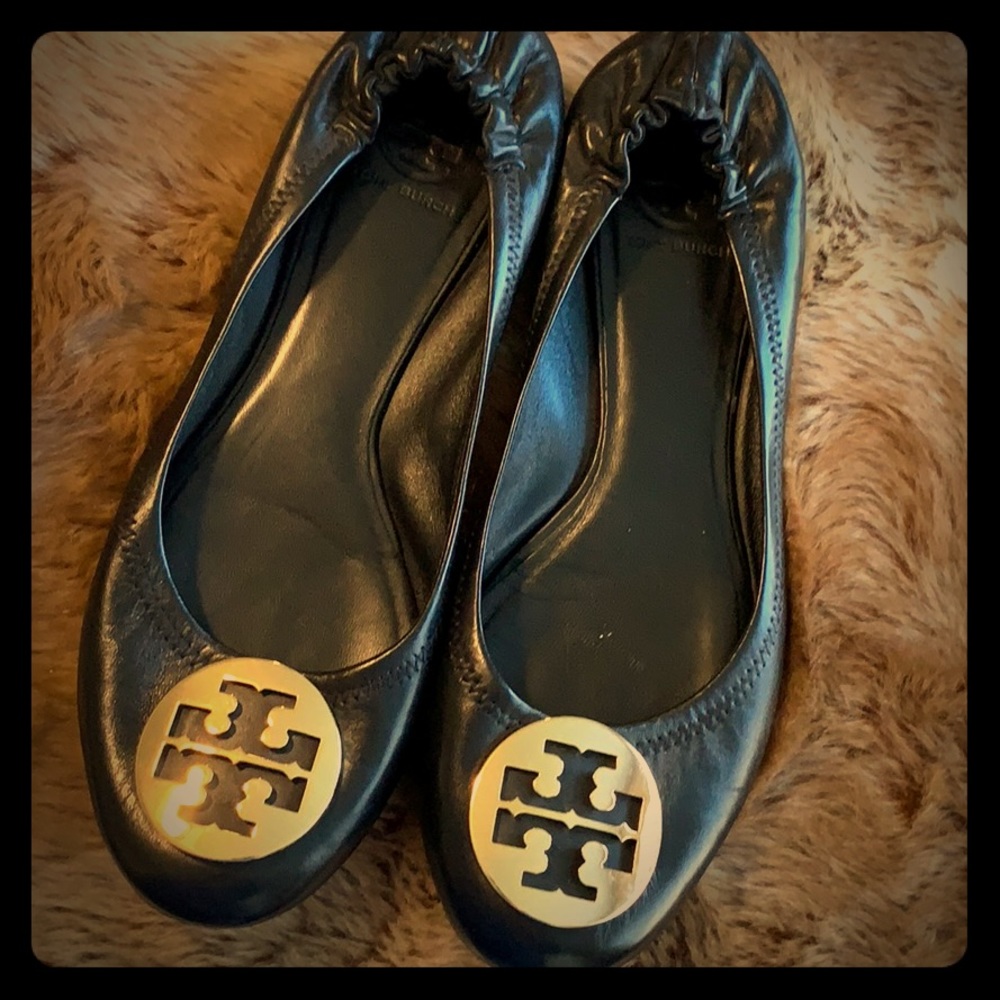 Tory Burch black flats with gold buckles